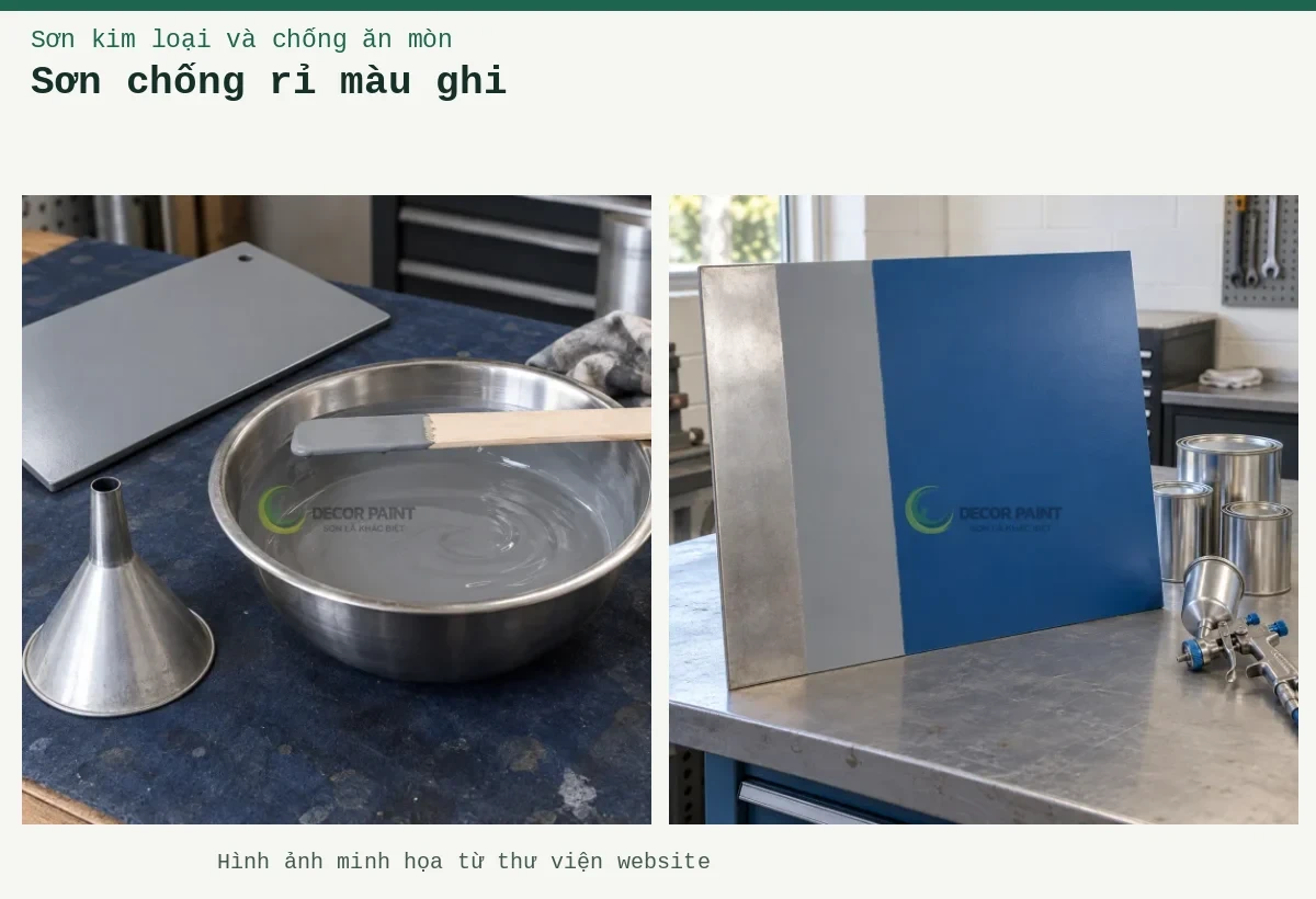 Sơn chống rỉ màu ghi – Ảnh minh họa: Sơn lót màu xám trong bát pha, que khuấy, phễu và tấm thép phủ thử; Tấm thép mẫu với vùng kim loại trần, lớp phủ xám và lớp hoàn thiện xanh.