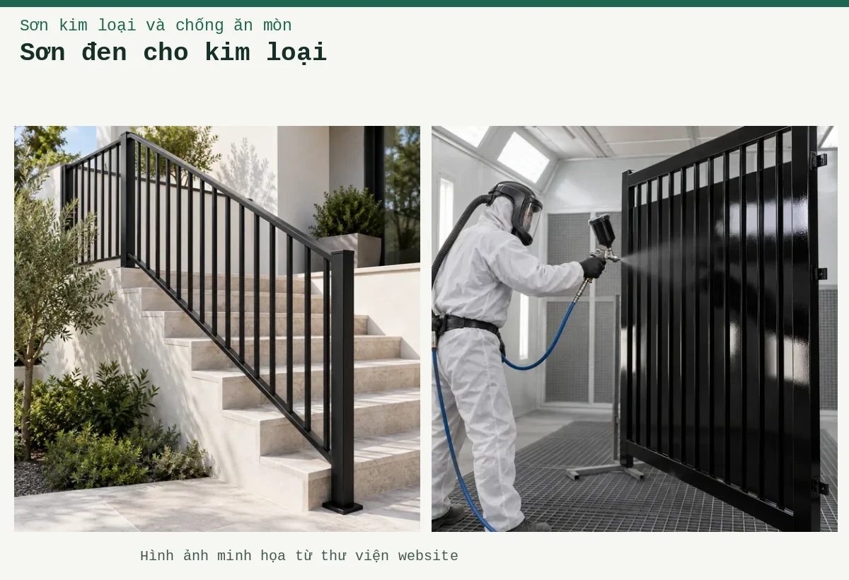 Sơn đen cho kim loại – Ảnh minh họa: Sơn kim loại đen mờ – lan can hoặc hàng rào; Sơn kim loại đen bóng – thi công bằng súng phun trong buồng phun.