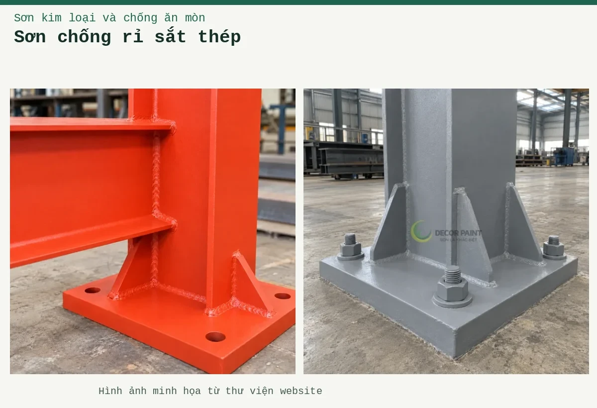 Sơn chống rỉ sắt thép – Ảnh minh họa: Chân cột thép và bản mã liên kết được phủ sơn chống rỉ màu xám; Sơn lót kim loại đỏ oxit – cận cảnh lớp lót trên mối nối thép.