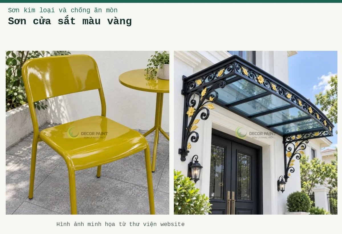 Sơn cửa sắt màu vàng – Ảnh minh họa: Mái kính cửa vào phối sắt đen nhũ vàng; Bàn ghế sắt vàng RS007.