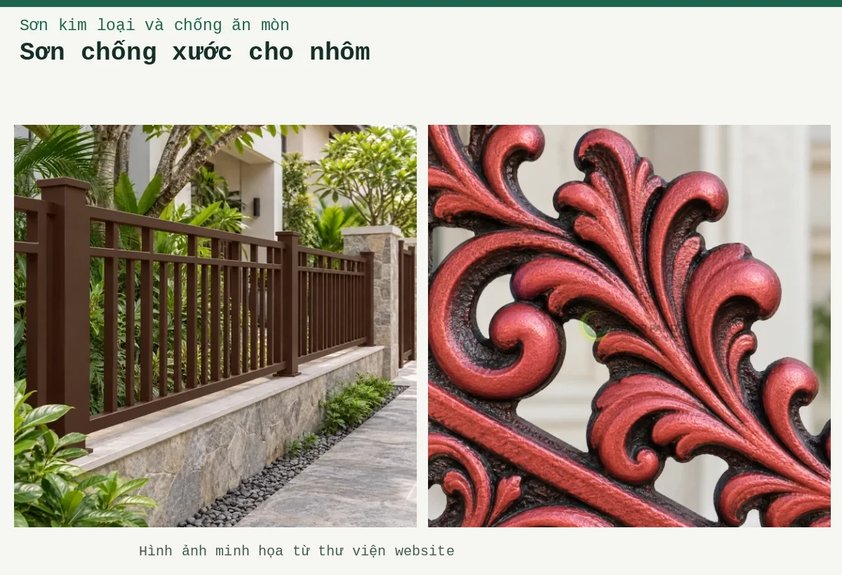 Sơn chống xước cho nhôm – Ảnh minh họa: Sơn nhôm xingfa nâu mờ – ứng dụng trên cửa cổng hoặc hàng rào; Cận lá acanthus nhôm đúc.
