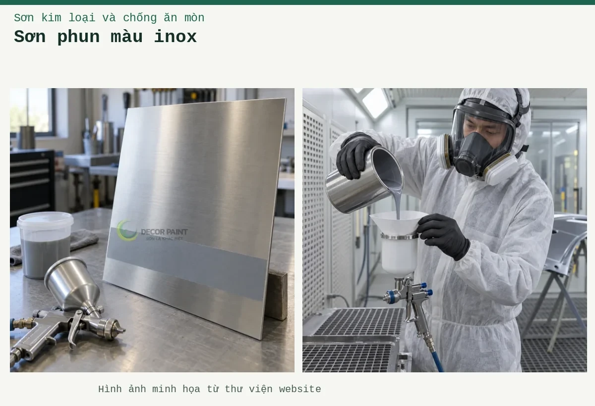 Sơn phun màu inox – Ảnh minh họa: Tấm inox xước với dải phủ thử màu xám, cốc pha và súng phun trên bàn chuẩn bị; Pha sơn hai thành phần với chất đóng rắn – lọc hỗn hợp sơn đã pha vào cốc súng phun.