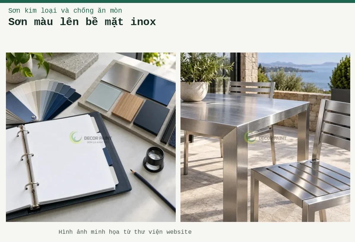 Sơn màu lên bề mặt inox – Ảnh minh họa: Bàn ghế inox ngoài hiên, minh họa nhóm bề mặt cần lớp phủ bảo vệ trong suốt; Minh họa sắp xếp tài liệu tham khảo cùng bảng màu và mẫu bề mặt vật liệu.