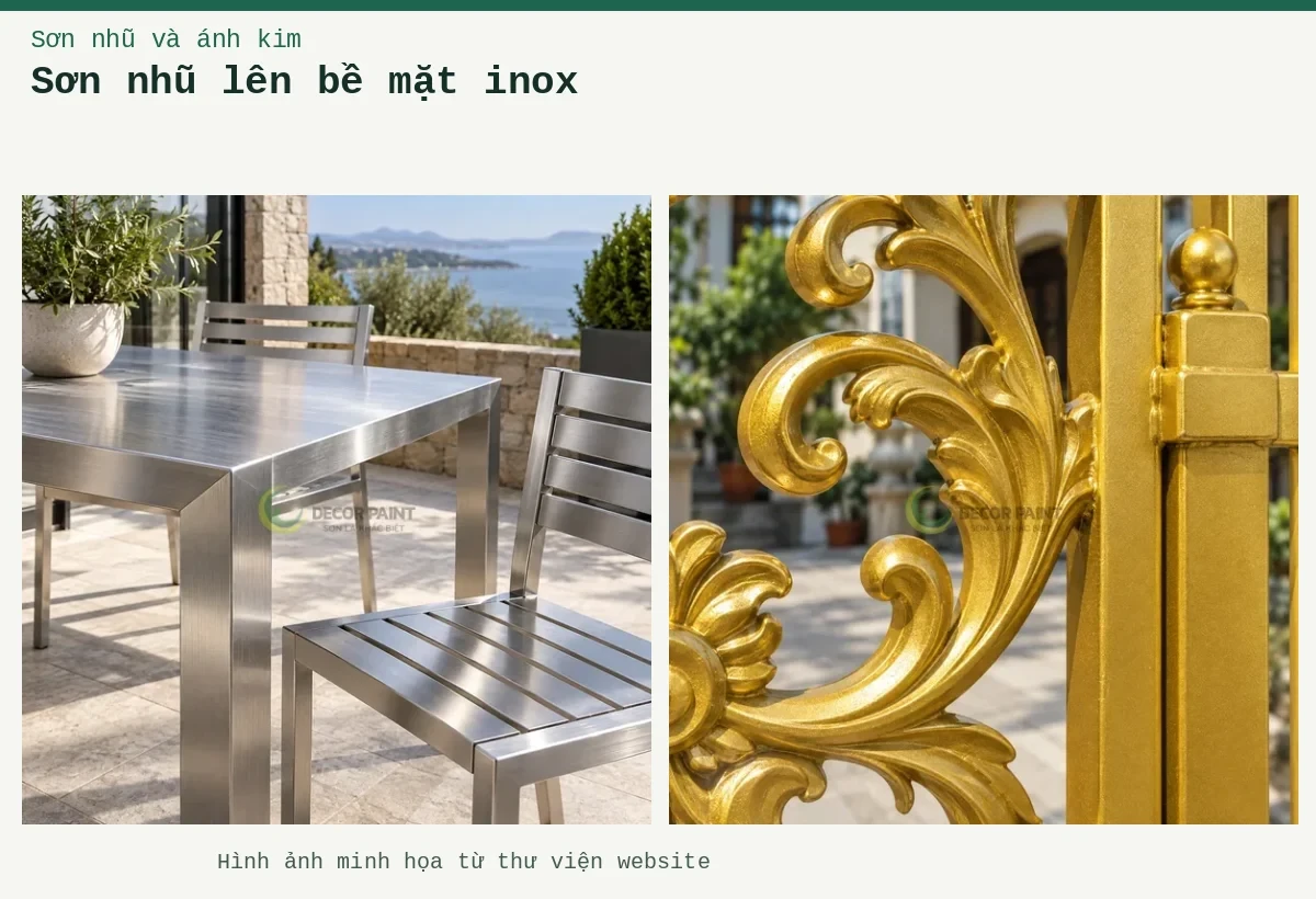 Sơn nhũ lên bề mặt inox – Ảnh minh họa: Bàn ghế inox ngoài hiên, minh họa nhóm bề mặt cần lớp phủ bảo vệ trong suốt; Cận cảnh hoa văn lá và trụ cổng phủ nhũ vàng, thể hiện bề mặt sơn ánh kim.