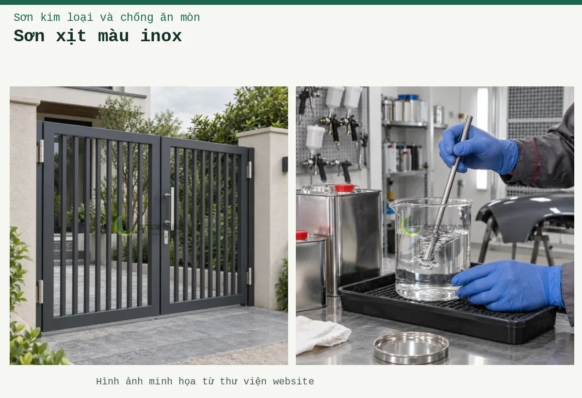 Sơn xịt màu inox – Ảnh minh họa: Cổng inox hai cánh phủ màu xám than; Khuấy dung môi.