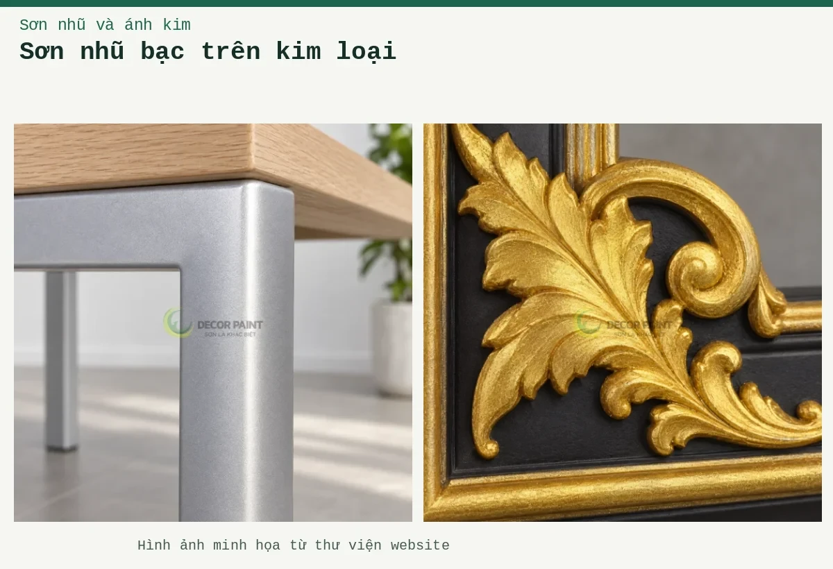 Sơn nhũ bạc trên kim loại – Ảnh minh họa: Chân bàn thép nhũ bạc; Hoa lá kim loại phủ nhũ A09.