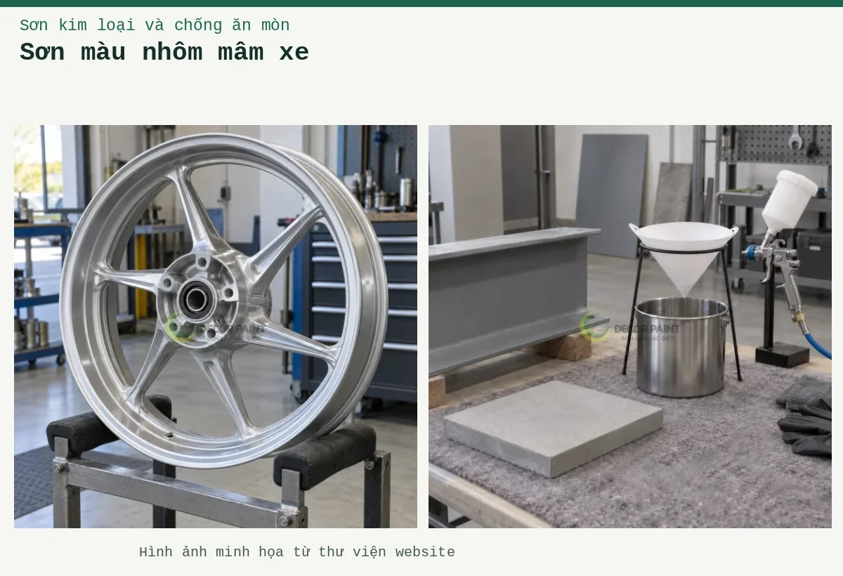 Sơn màu nhôm mâm xe – Ảnh minh họa: Mâm xe máy phủ sơn bạc; Lọc sơn và mẫu nền.