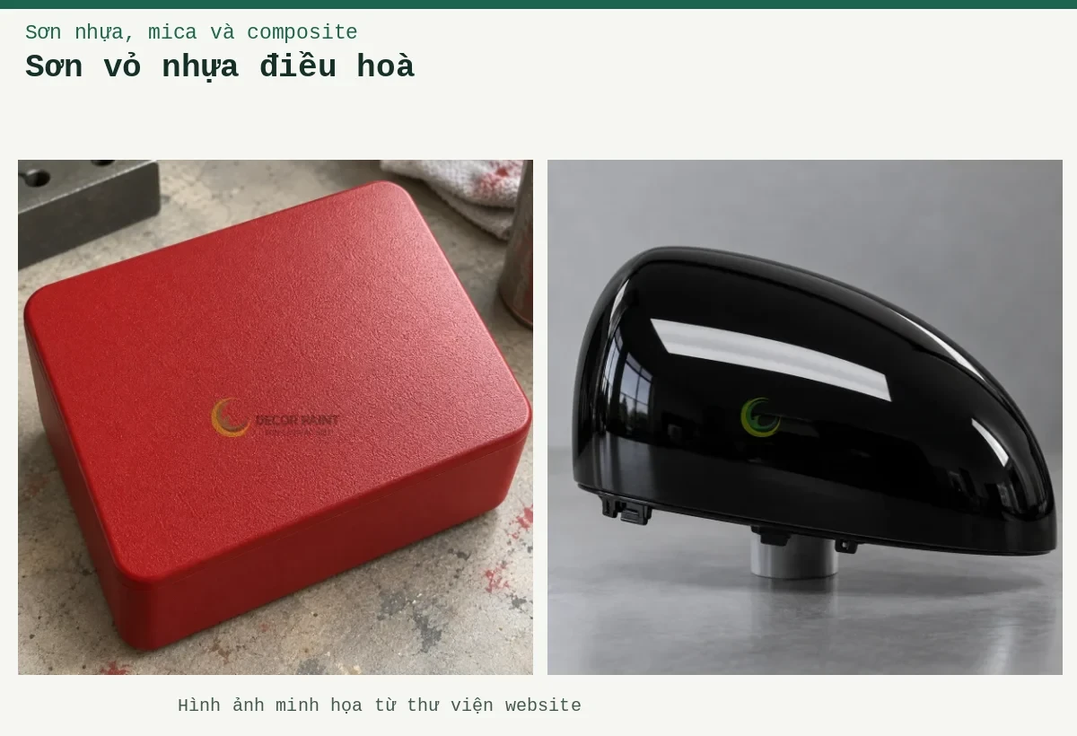 Sơn vỏ nhựa điều hoà – Ảnh minh họa: Vỏ nhựa phủ đỏ nhám sần; Vỏ gương nhựa đen bóng.