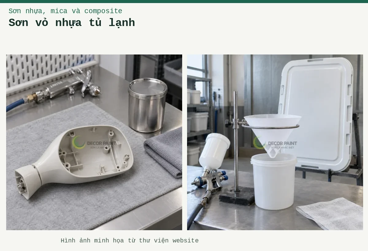 Sơn vỏ nhựa tủ lạnh – Ảnh minh họa: Chuẩn bị vỏ gương nhựa; Lọc sơn cho vỏ nhựa PP.
