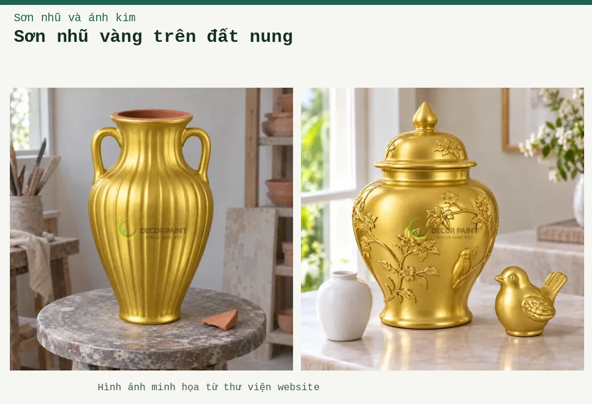 Sơn nhũ vàng trên đất nung – Ảnh minh họa: Bình đất nung hoàn thiện lớp giả vàng, giữ phần miệng mộc để nhận biết vật liệu nền; Bình và vật trang trí gốm sứ phủ sơn giả vàng 24K, đối chiếu với mẫu gốm trắng.
