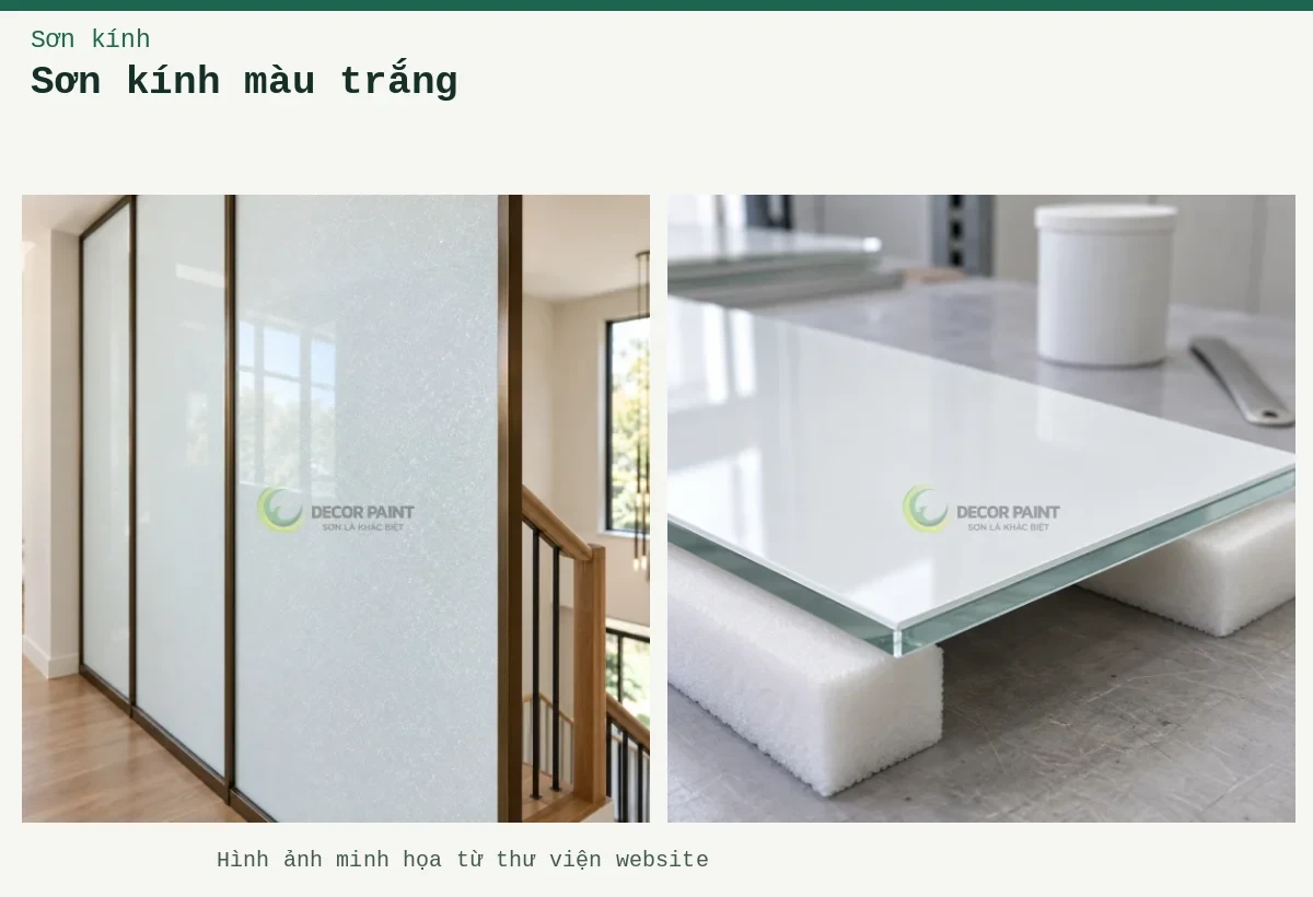 Sơn kính màu trắng – Ảnh minh họa: Vách kính trắng nhũ; Cạnh kính sơn nền trắng.