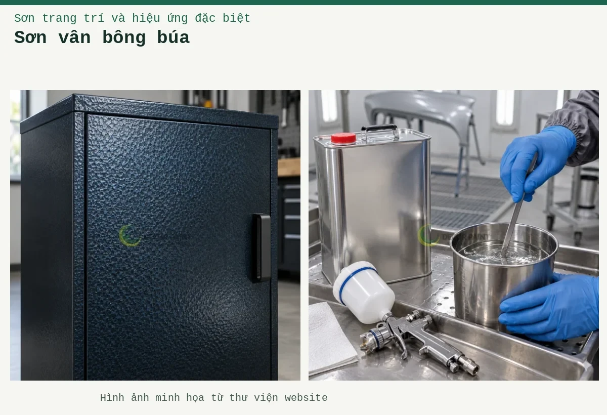 Sơn vân bông búa – Ảnh minh họa: Bề mặt sơn búa xanh đen; Khuấy dung môi.