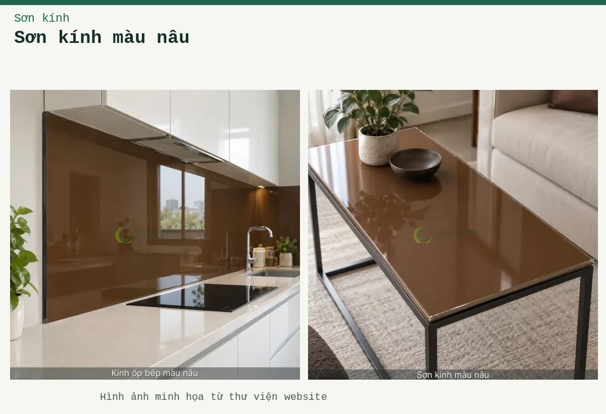 Sơn kính màu nâu – Ảnh minh họa: Minh hoạ kính ốp bếp màu nâu: nâu, thấy rõ bề mặt và cạnh kính; Mặt bàn kính sơn màu nâu đồng nhất.