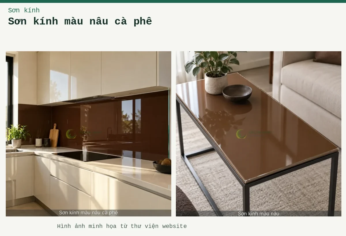 Sơn kính màu nâu cà phê – Ảnh minh họa: Kính ốp bếp sơn nâu cà phê; Mặt bàn kính sơn màu nâu đồng nhất.