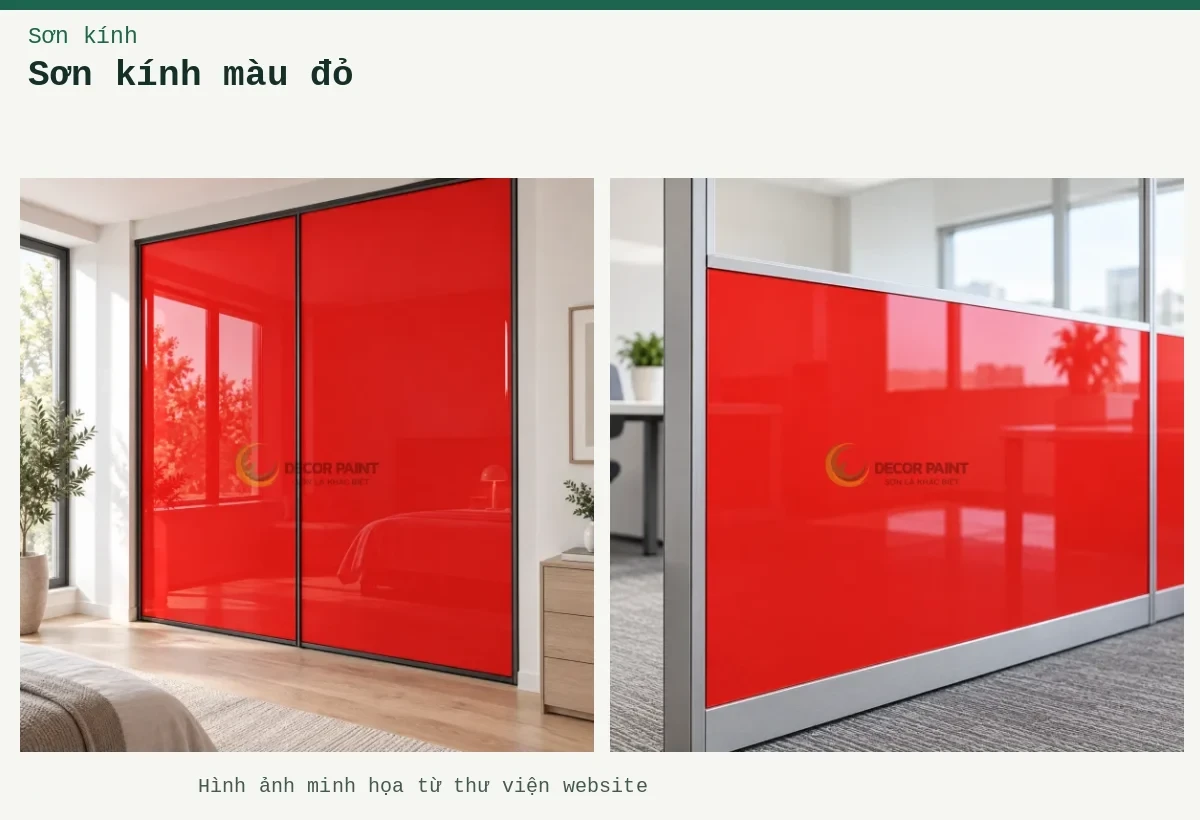 Sơn kính màu đỏ – Ảnh minh họa: Cánh tủ kính màu đỏ tươi; Vách kính màu đỏ tươi.