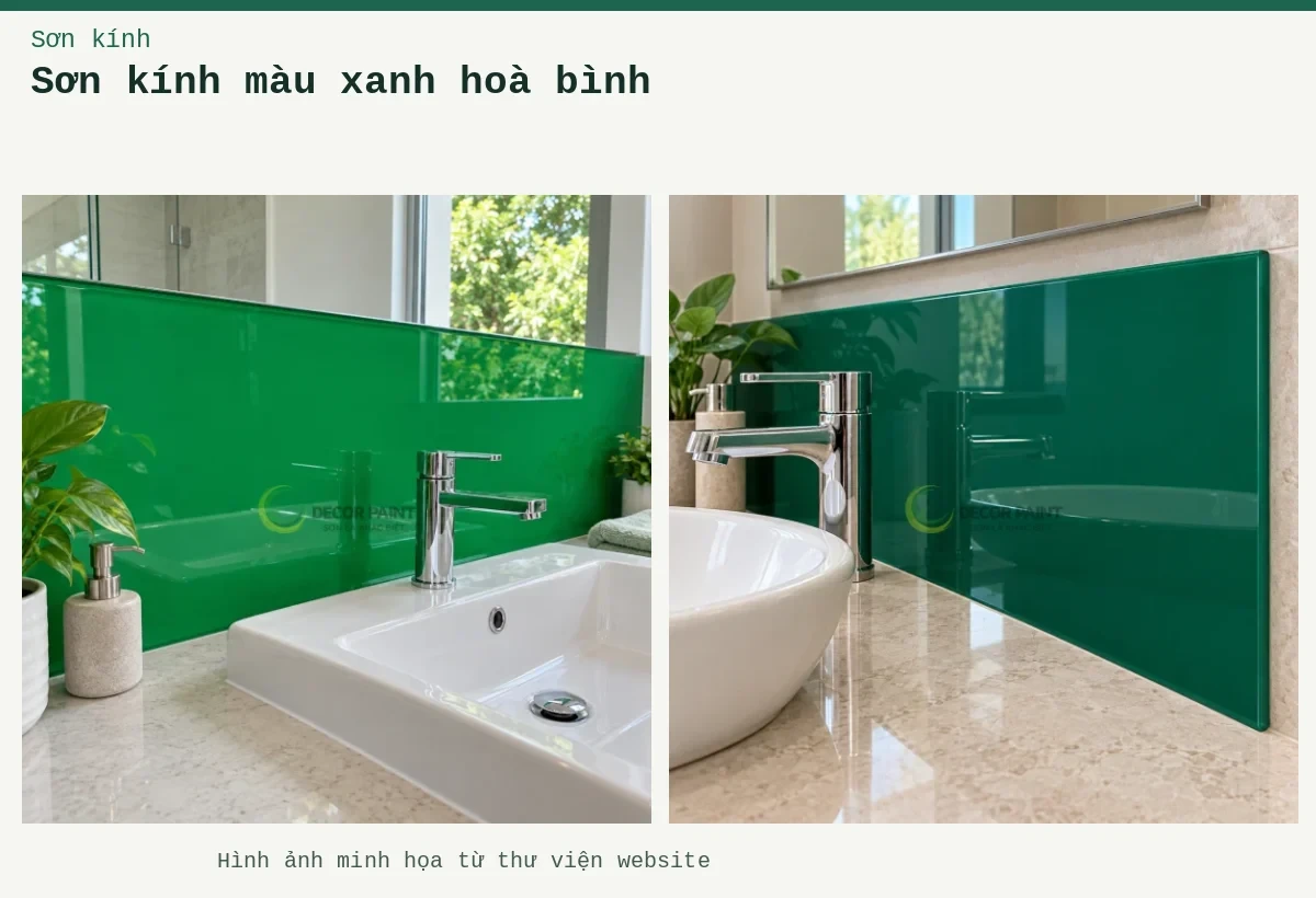 Sơn kính màu xanh hoà bình – Ảnh minh họa: Kính sau lavabo xanh lá; Kính lavabo xanh ngọc.