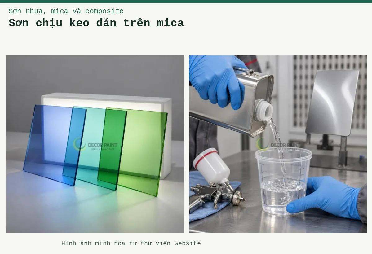 Sơn chịu keo dán trên mica – Ảnh minh họa: Tấm acrylic trong màu xuyên sáng; Đong dung môi.