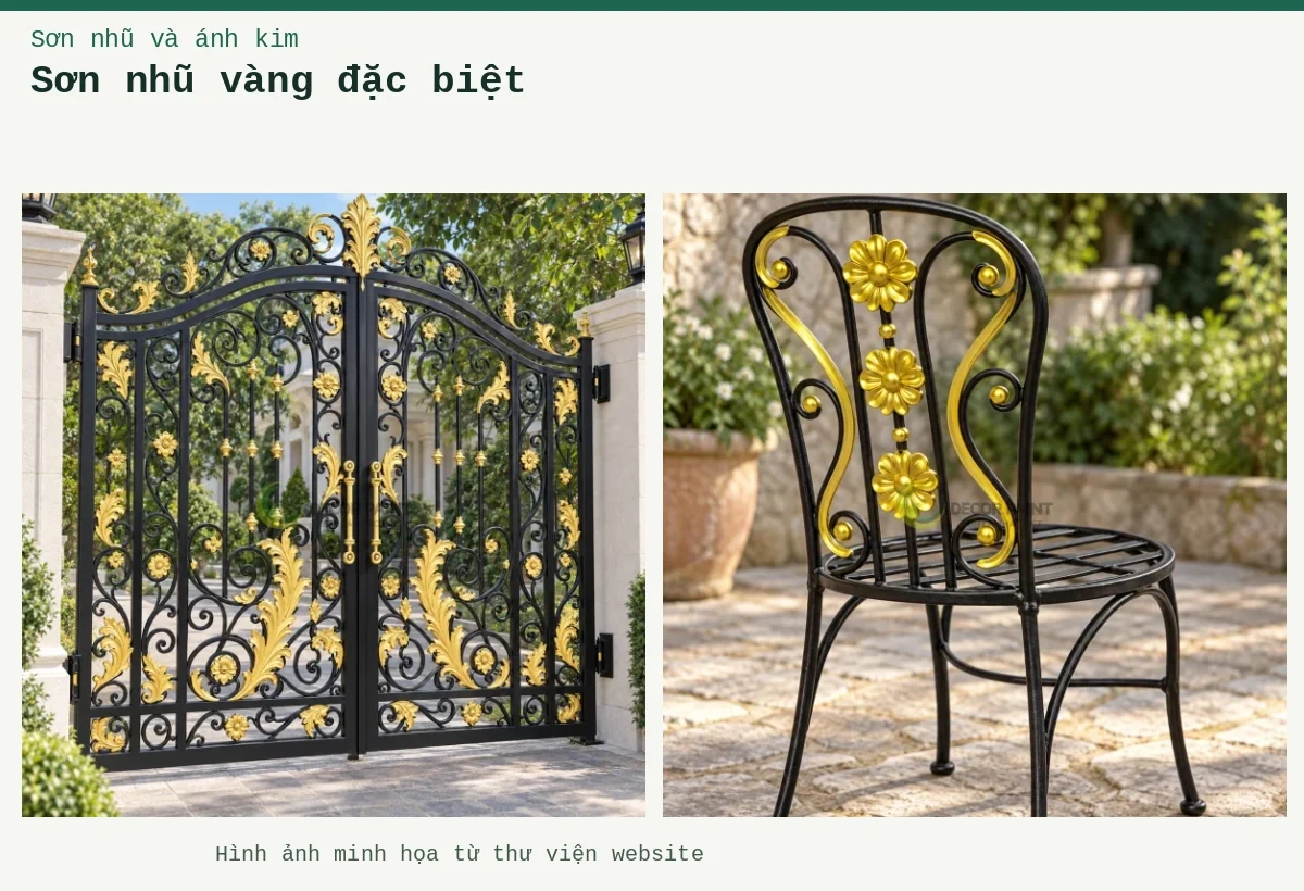 Sơn nhũ vàng đặc biệt – Ảnh minh họa: Cổng biệt thự hai cánh sắt đen nhũ vàng; Ghế sắt sân vườn nhũ vàng.