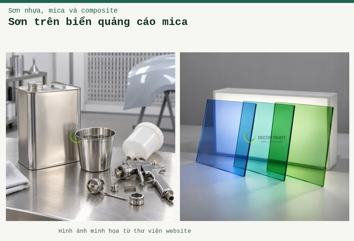 Sơn trên biển quảng cáo mica – Ảnh minh họa: Tấm acrylic trong màu xuyên sáng; Chuẩn bị dung môi tại bàn sơn.