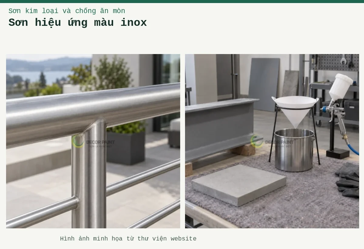 Sơn hiệu ứng màu inox – Ảnh minh họa: Lan can inox vân xước phủ trong; Lọc sơn và mẫu nền.