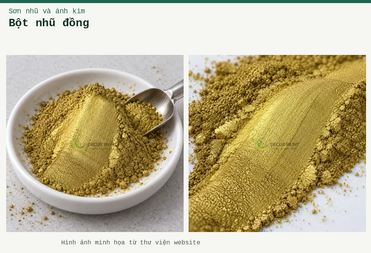 Bột nhũ đồng – Ảnh minh họa: Bột nhũ đồng vàng trong đĩa mẫu; Cận cảnh bột nhũ đồng vàng.