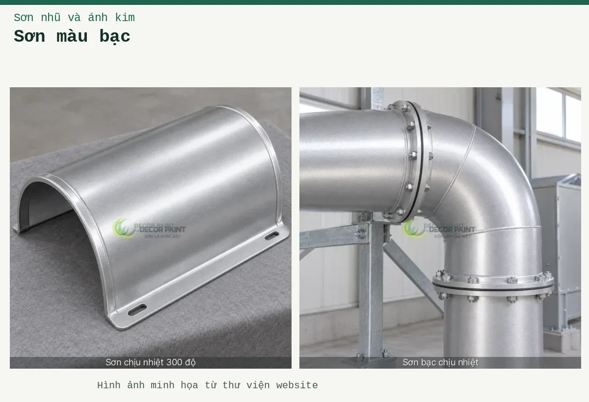 Sơn màu bạc – Ảnh minh họa: Co ống chịu nhiệt bạc nhôm; Tấm chắn nhiệt bạc nhôm.