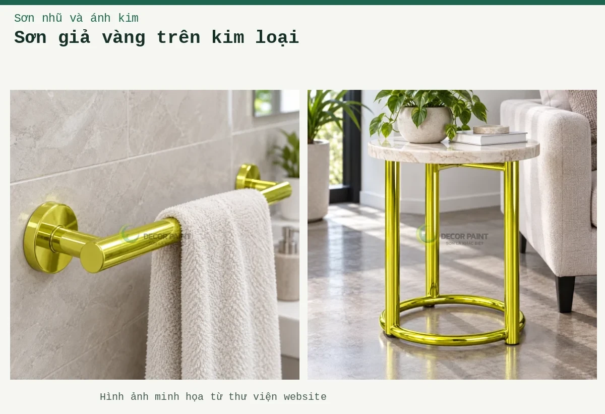 Sơn giả vàng trên kim loại – Ảnh minh họa: Chân bàn ống kim loại sơn giả vàng; Thanh treo ống kim loại sơn giả vàng.