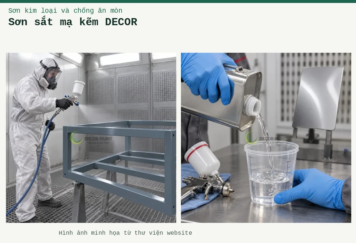 Sơn sắt mạ kẽm DECOR – Ảnh minh họa: Minh họa phun sơn ghi nhạt trên khung sắt mạ kẽm trong buồng phun; Đong dung môi.
