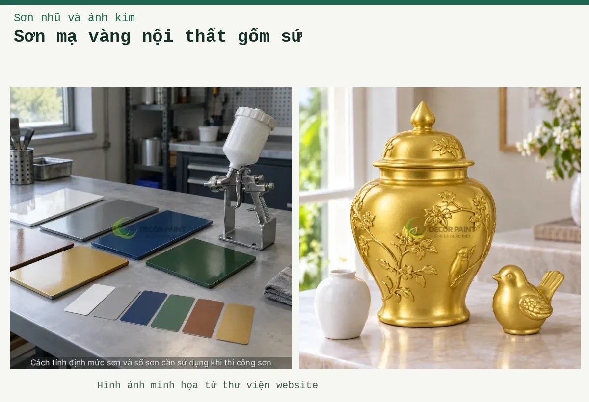 Sơn mạ vàng nội thất gốm sứ – Ảnh minh họa: Bình và vật trang trí gốm sứ phủ sơn giả vàng 24K, đối chiếu với mẫu gốm trắng; Mẫu màu và dụng cụ phun sơn.