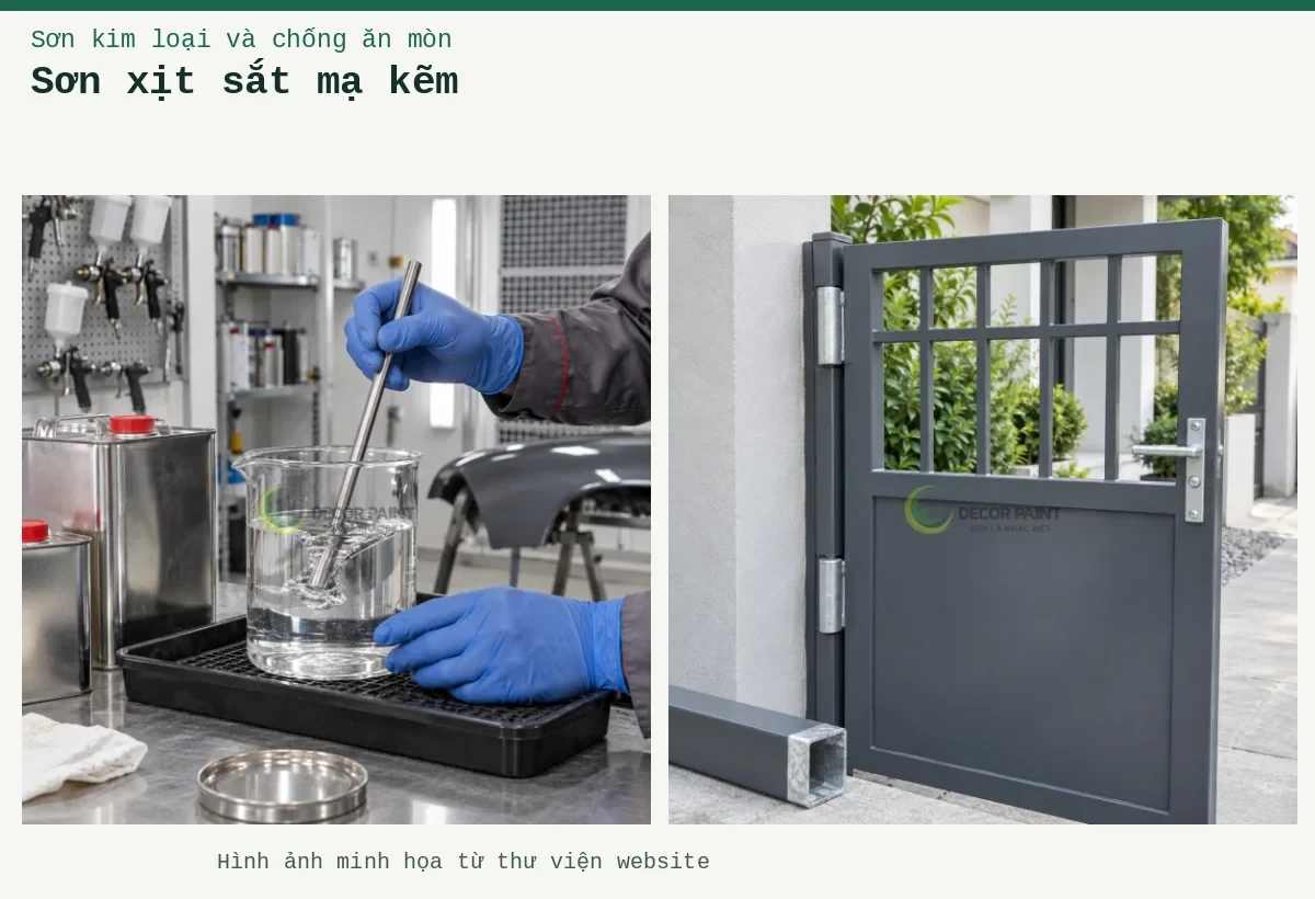 Sơn xịt sắt mạ kẽm – Ảnh minh họa: Cửa sắt mạ kẽm phủ màu ghi cùng mẫu vật liệu đối chiếu; Khuấy dung môi.