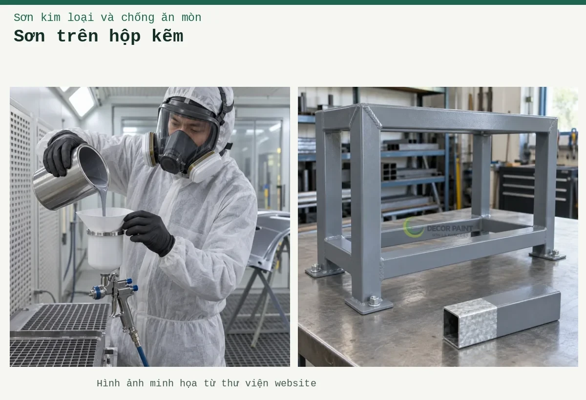Sơn trên hộp kẽm – Ảnh minh họa: Khung sắt mạ kẽm phủ màu ghi và mẫu ống hộp để đối chiếu bề mặt; Pha sơn hai thành phần với chất đóng rắn – lọc hỗn hợp sơn đã pha vào cốc súng phun.
