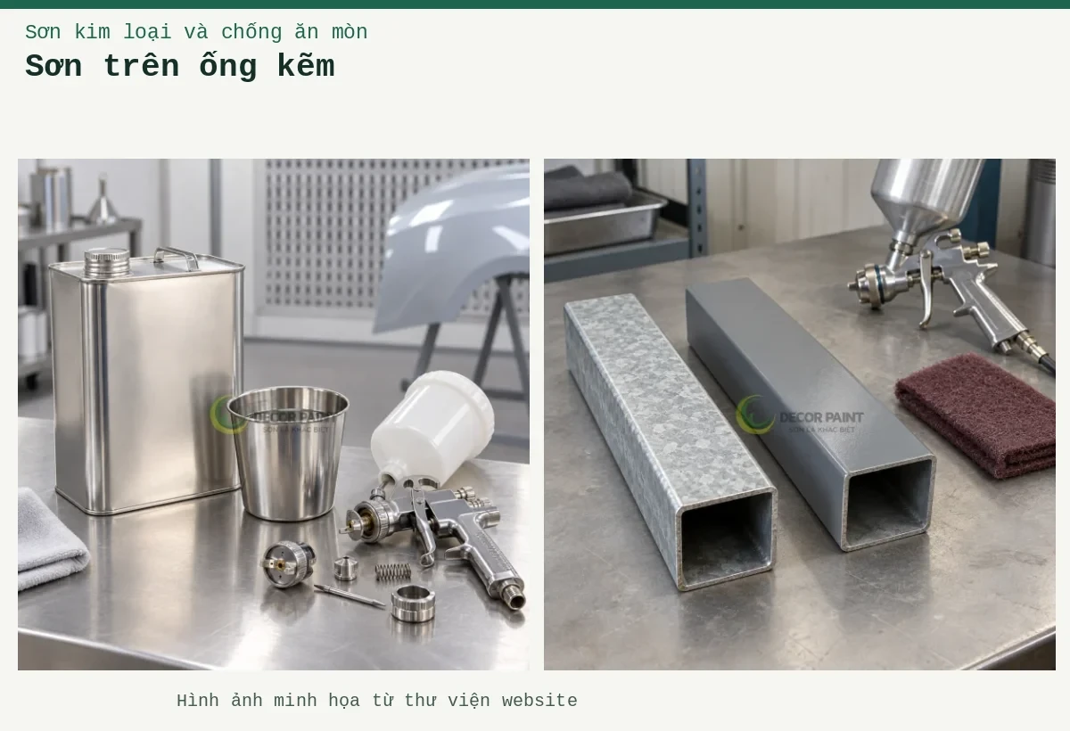 Sơn trên ống kẽm – Ảnh minh họa: Mẫu ống thép hộp mạ kẽm và mẫu đã phủ màu xám trên bàn chuẩn bị bề mặt; Chuẩn bị dung môi tại bàn sơn.