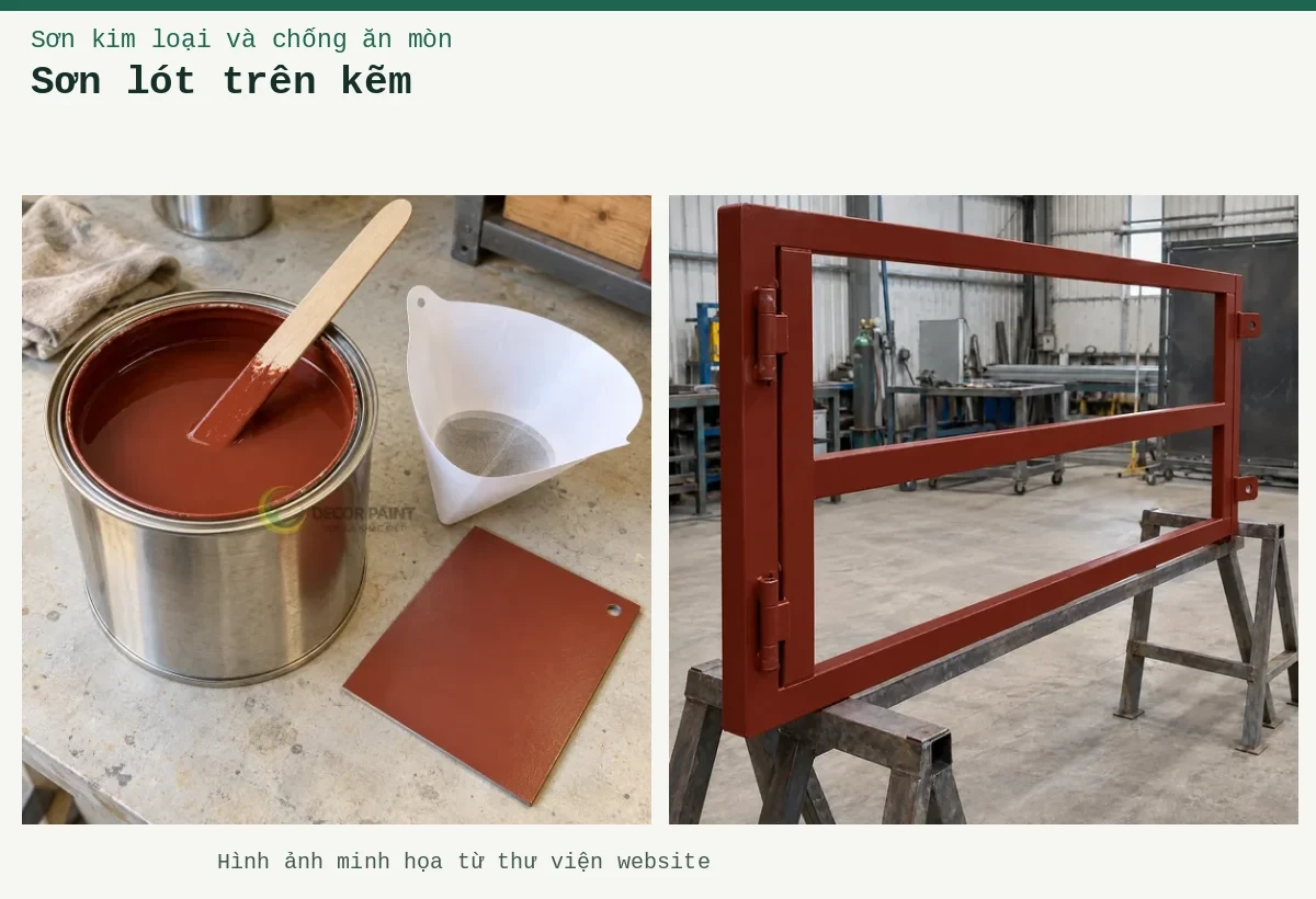 Sơn lót trên kẽm – Ảnh minh họa: Sơn lót kim loại đỏ oxit – khung cổng được phủ lớp lót tại xưởng; Sơn lót nâu đỏ trong lon, que khuấy, phễu lọc và tấm thép mẫu đã sơn.