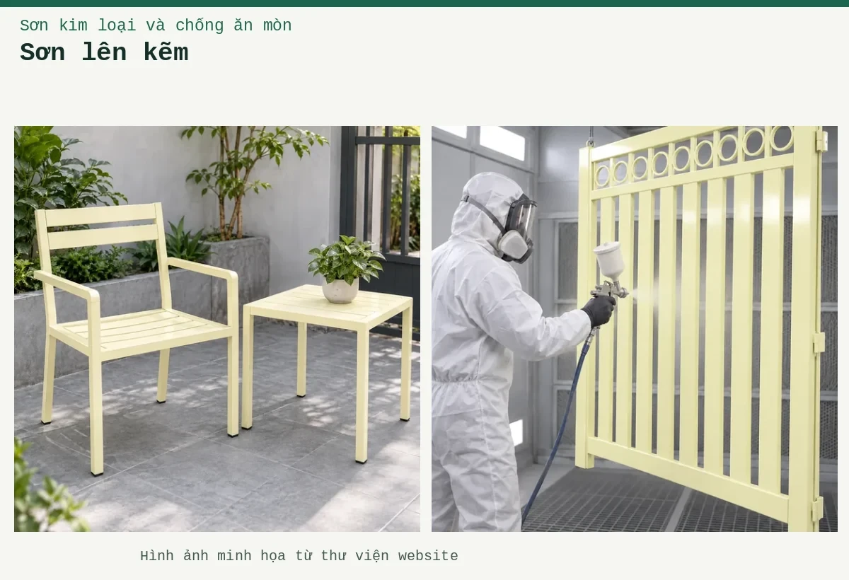 Sơn lên kẽm – Ảnh minh họa: Sơn kim loại kem nhạt – thi công bằng súng phun trong buồng phun; Sơn kim loại kem nhạt – ứng dụng trên đồ dùng hoặc cấu kiện kim loại.