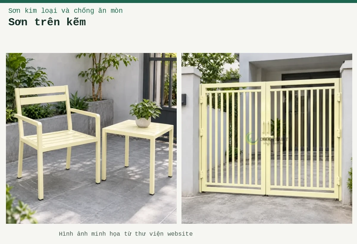 Sơn trên kẽm – Ảnh minh họa: Sơn kim loại kem nhạt – cửa cổng kim loại; Sơn kim loại kem nhạt – ứng dụng trên đồ dùng hoặc cấu kiện kim loại.