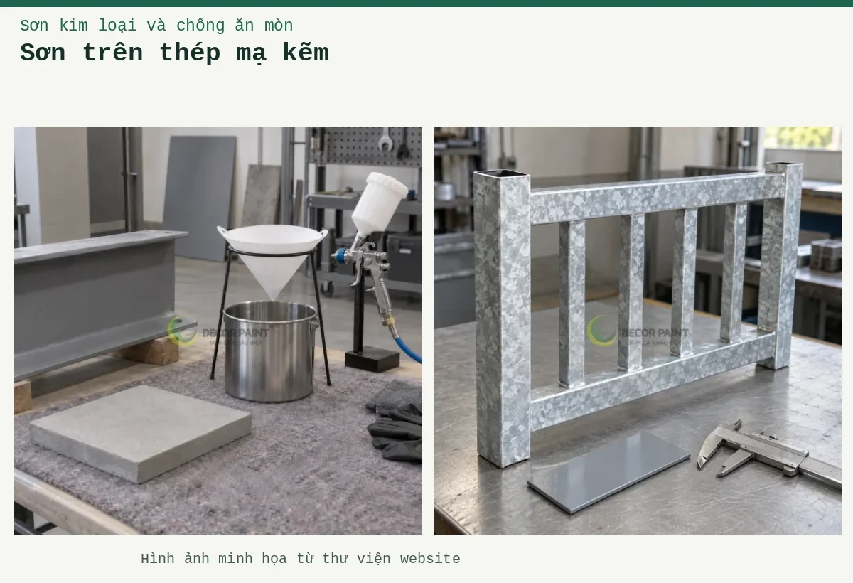 Sơn trên thép mạ kẽm – Ảnh minh họa: Mẫu hàng rào thép mạ kẽm, tấm màu xám và thước cặp trên bàn; Lọc sơn và mẫu nền.