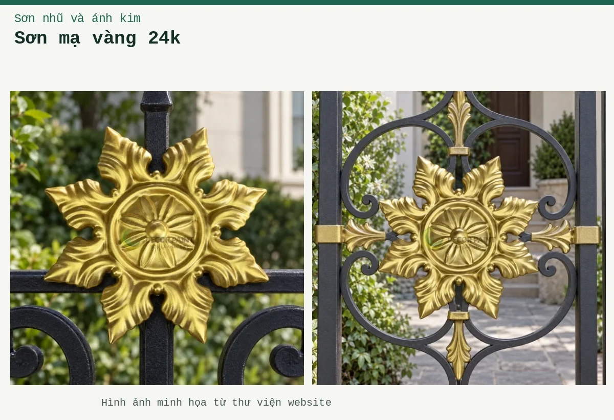 Sơn mạ vàng 24k – Ảnh minh họa: Hoa văn hàng rào sơn nhũ vàng 24K; Tấm hoa văn sắt sơn nhũ vàng 24K.
