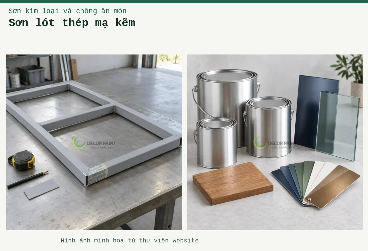 Sơn lót thép mạ kẽm – Ảnh minh họa: Minh họa khung thép mạ kẽm phủ sơn chống rỉ và phần mẫu bề mặt kẽm; Minh họa bộ mẫu vật liệu, bảng màu và dụng cụ chứa sơn trong khu vực giới thiệu giải pháp hoàn thiện.