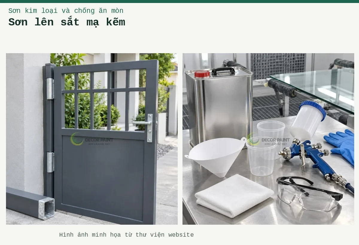 Sơn lên sắt mạ kẽm – Ảnh minh họa: Cửa sắt mạ kẽm phủ màu ghi cùng mẫu vật liệu đối chiếu; Dụng cụ pha sơn.