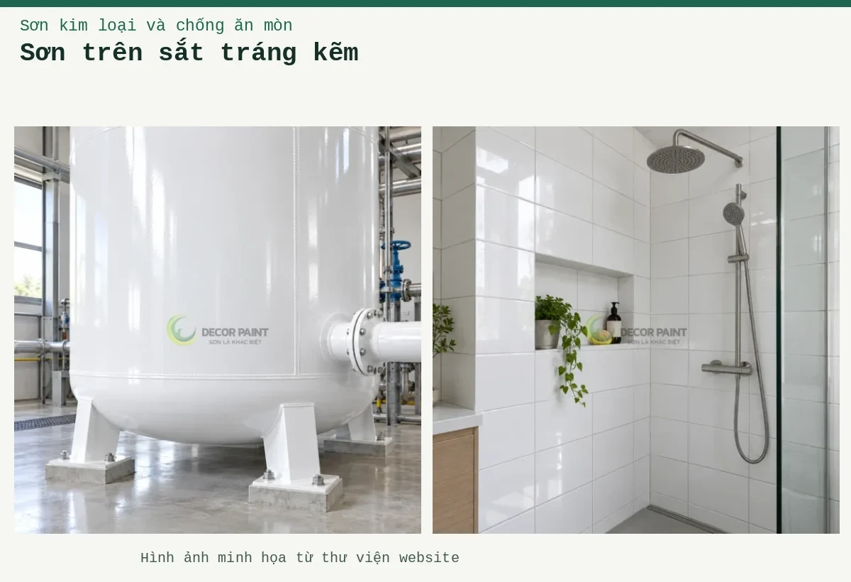 Sơn trên sắt tráng kẽm – Ảnh minh họa: Bồn thép Epoxy trắng bóng; Góc phòng tắm ốp gạch men trắng bóng với đường ron gọn gàng.