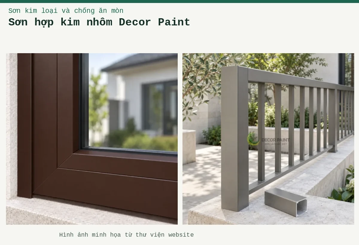 Sơn hợp kim nhôm  Decor Paint – Ảnh minh họa: Sơn nhôm xingfa nâu mờ – cận cảnh lớp phủ trên kim loại; Minh họa lan can nhôm màu xám ấm cùng mẫu nhôm hộp đồng màu.
