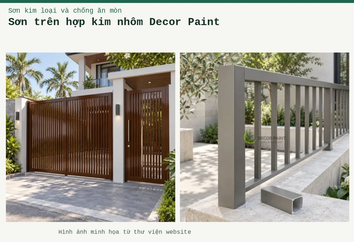 Sơn trên hợp kim nhôm Decor Paint – Ảnh minh họa: Sơn nhôm xingfa nâu bóng – cửa cổng kim loại; Minh họa lan can nhôm màu xám ấm cùng mẫu nhôm hộp đồng màu.