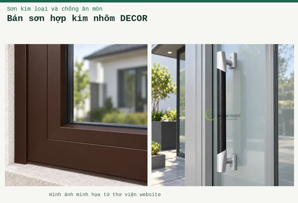 Bán sơn hợp kim nhôm  DECOR – Ảnh minh họa: Sơn nhôm xingfa nâu mờ – cận cảnh lớp phủ trên kim loại; Tay nắm cửa nhôm.