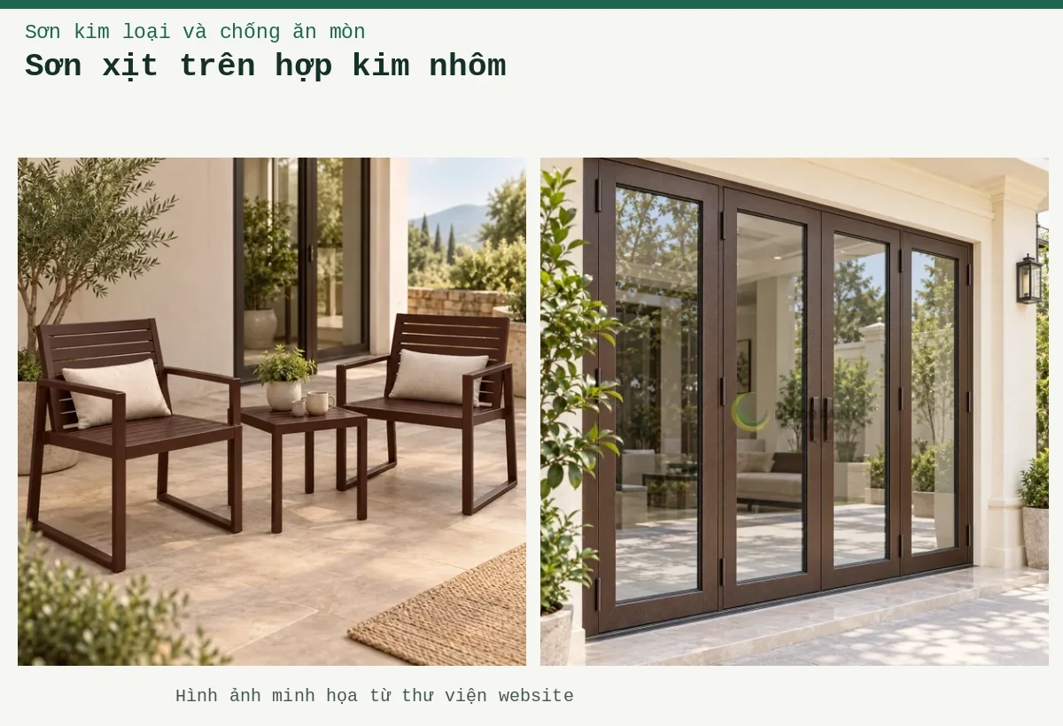 Sơn xịt trên hợp kim nhôm – Ảnh minh họa: Sơn nhôm xingfa nâu mờ – ứng dụng trên bàn ghế hoặc cấu kiện kim loại; Cửa nhôm gấp nâu Xingfa.