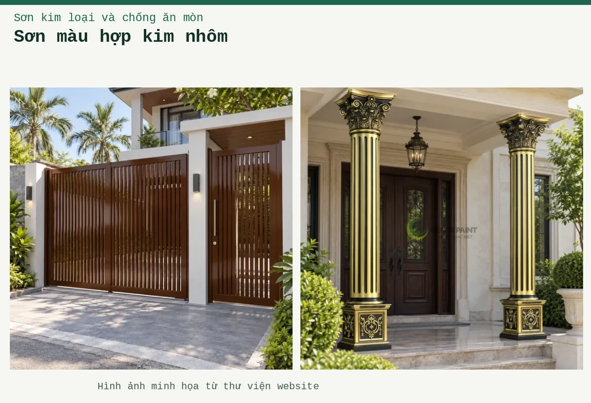 Sơn màu hợp kim nhôm – Ảnh minh họa: Sơn nhôm xingfa nâu bóng – cửa cổng kim loại; Trụ nhôm đúc tại sảnh cửa.