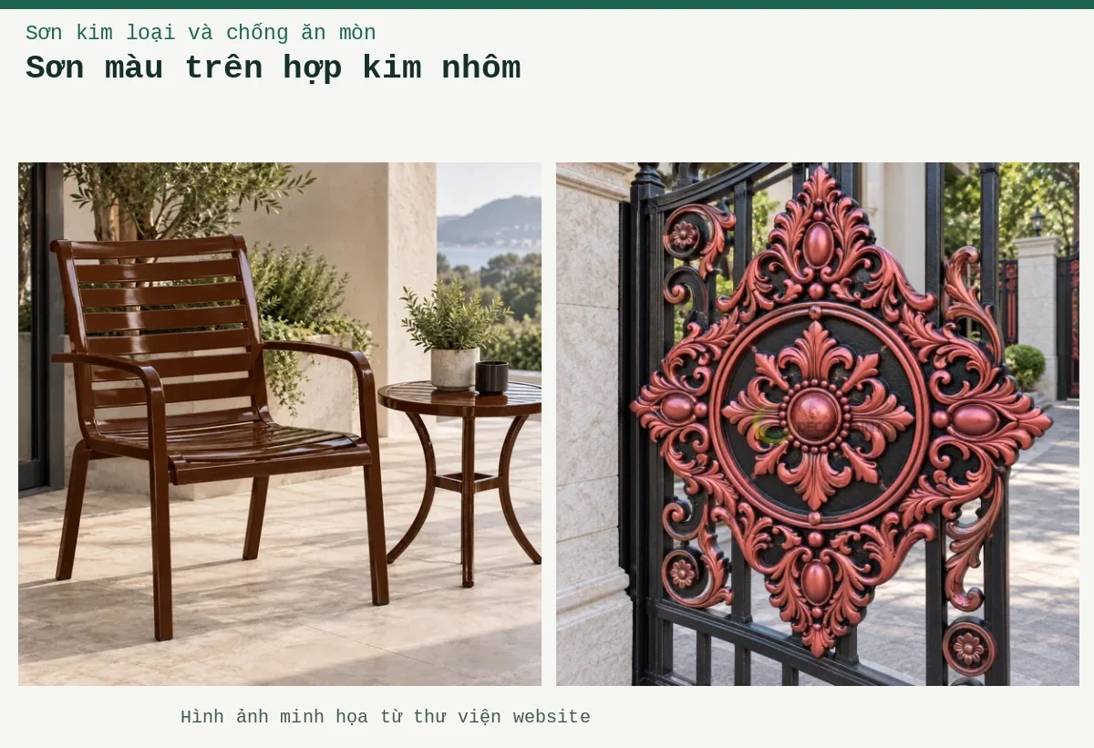 Sơn màu trên hợp kim nhôm – Ảnh minh họa: Sơn nhôm xingfa nâu bóng – ứng dụng trên đồ dùng hoặc cấu kiện kim loại; Cổng nhôm đúc sơn nhũ rượu vang.