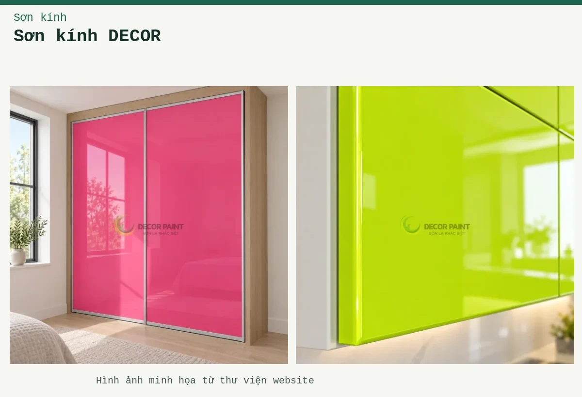 Sơn kính DECOR – Ảnh minh họa: Cận cạnh cửa kính; Cánh tủ kính màu hồng.
