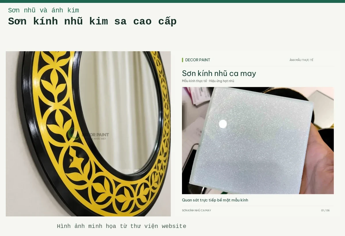 Sơn kính nhũ kim sa cao cấp – Ảnh minh họa: Sơn kính nhũ ca may – Mẫu kính thực tế; Khung gương họa tiết lá vàng chanh.