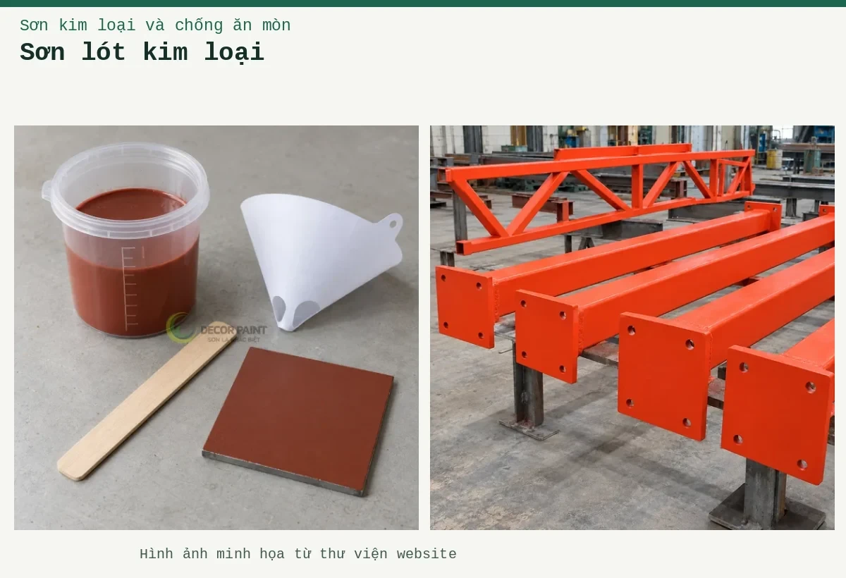Sơn lót kim loại – Ảnh minh họa: Sơn lót kim loại đỏ oxit – cấu kiện thép đã phủ lớp lót; Cốc sơn lót đỏ nâu, phễu lọc, que khuấy và tấm thép phủ thử.