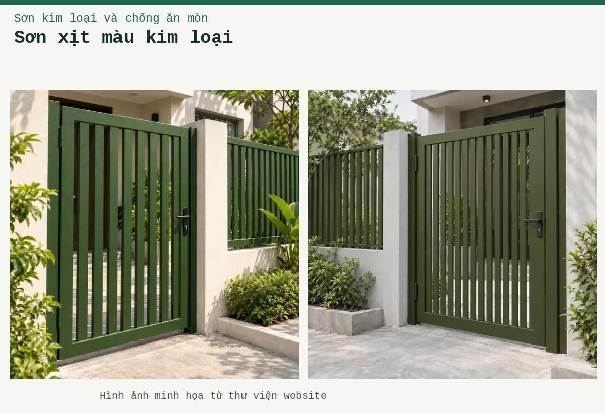 Sơn xịt màu kim loại – Ảnh minh họa: Sơn kim loại xanh rêu mờ – cửa cổng kim loại; Sơn kim loại xanh rêu nhám sần – cửa cổng kim loại.